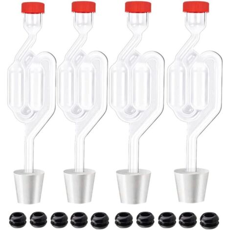 4 Pièces Barboteur Fermentation, Plastique Barboteurs Transparent avec Bouchon + 4 Bouchons en Silicone Perforés (Ouverture 8mm) + 10 oeillets, Soupape Échappement de Fermentation pour Brassage