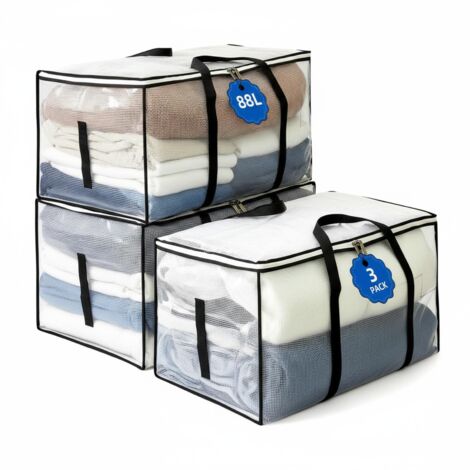 Lot de 3 sacs de rangement XXL 88L en PVC renforcé transparent, double fermeture éclair métal et poignées renforcées, pliables (1/5)