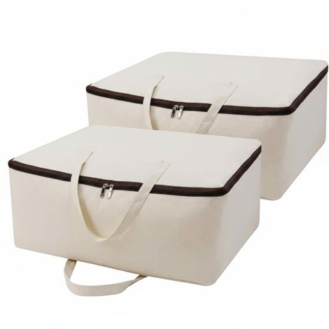 Lot de 2 sacs de rangement en coton respirant, avec fermeture zip 3 côtés et poignées, pour vêtements, couettes et oreillers (1/5)