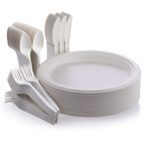 200 Disposable Sugarcane Bagasse Plates Cutlery Forks Spoons for Parties Camping Picnics Birthdays (1/5)