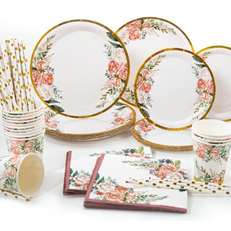 125-piece disposable tableware set (roses pattern): cups, straws, napkins, suitable for weddings and (1/5)