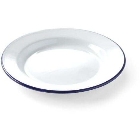 White Enamelled Steel Plate Blue Rim Round Dish Oven Safe Dishwasher Safe Abrasion Resistant (1/4)