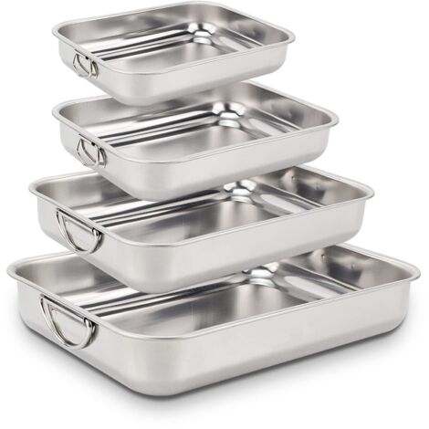Set Of 4 Stainless Steel Baking Dish Tray With Foldable Handles Lasagna Oven Safe (1/5)