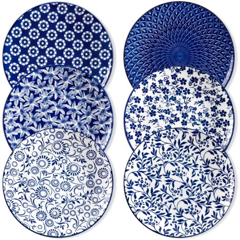 Set Of 6 Dinner Plates Porcelain Blue And White Style Microwave Dishwasher Safe (1/5)