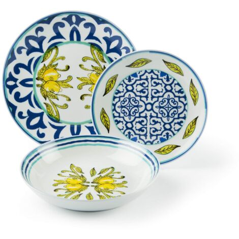 Amalfi 18-Piece Porcelain Dinnerware Set Yellow Blue Lemon Motifs Dishwasher Microwave Safe Serve 6