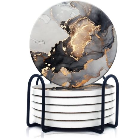 Marble Ceramic Coasters Absorbent Cork Base + Iron Stand 6 Pack for Mugs Vases Glasses Home Decor (1/5)