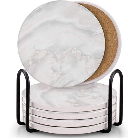 Set Of 6 Absorbent Ceramic Coasters With Stand Non-slip Cork Base For Home Bars (1/5)