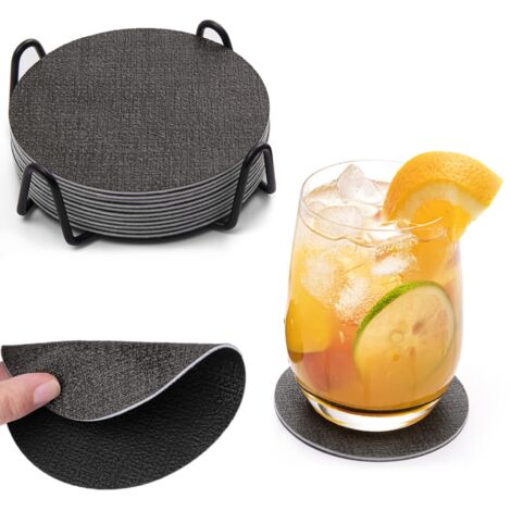 Leather Coasters Set (12) Double-Sided Washable Round Non-Slip Heat-Resistant With Holder For Drinks