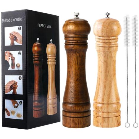 2 Pieces Oak Wood Pepper Mill Set Ceramic Grinder Adjustable Traditional Style (1/5)