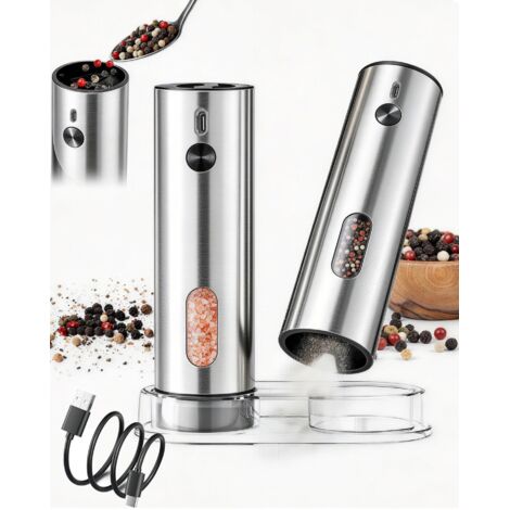 Stainless Electric Salt Pepper Set 2 USB Charging 5 Levels 120ml LED Light Base (1/5)