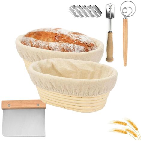 Set Of 2 Rattan Bread Baskets 750g Dough Fermentation With Linen Lining Scraper (1/5)