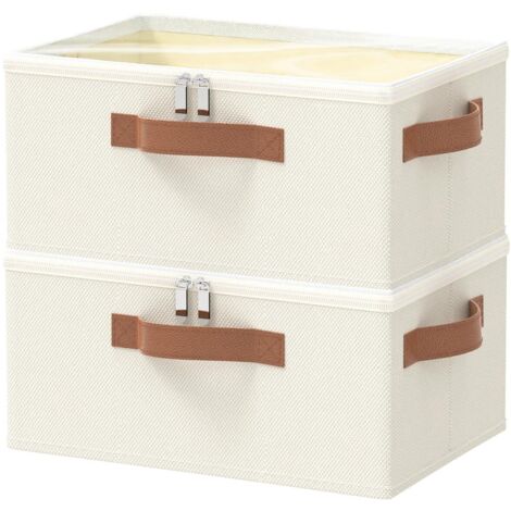 Foldable Storage Box Cube w/Lid Rectangular Non-Woven Leather Handles Zipper Large Capacity 2-Pack (1/5)