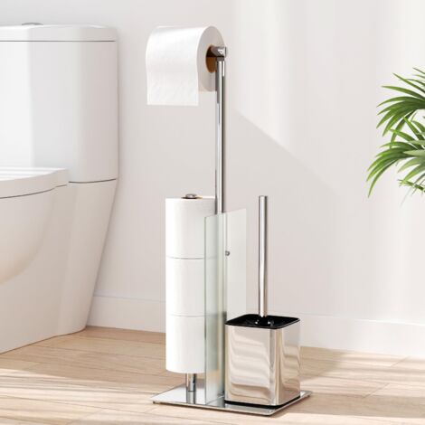 Stainless Steel Standing Toilet Paper Holder with Brush Removable Glass Shelf No Drilling (1/5)
