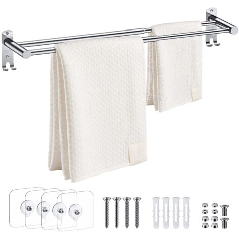 Retractable Double Towel Rack Adjustable Stainless Steel Wall Mounted with Hooks Screws for Bathroom (1/5)