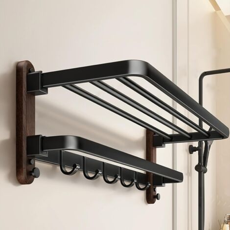 Wall Mounted Bathroom Towel Rack No Drilling Double Tier Shelf 5 Hooks Aluminum Alloy (1/5)
