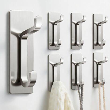 Adhesive Wall Hooks 6 Pieces Double Hook Waterproof Rustproof Aluminum No Drilling Towel Coat Holder (1/5)