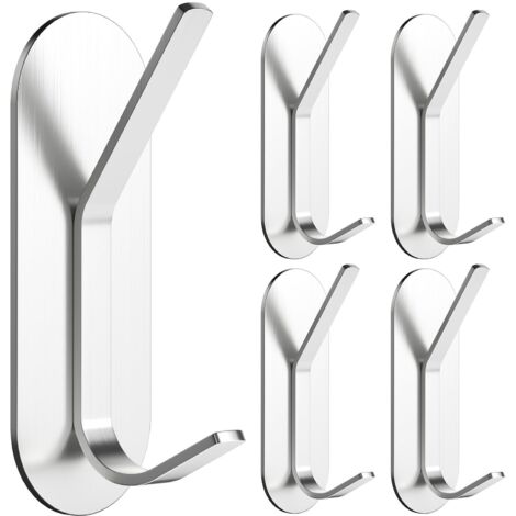 5 X Adhesive Wall Hooks Heavy Load Stainless Steel No Drilling Double Hooks Towel Coat Rack (1/5)