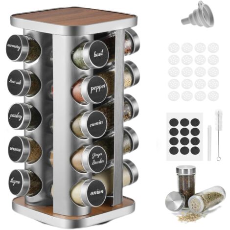 Kitchen Spice Rack Stainless Steel 360° Rotating 20 100ml Jars Funnel Label Pen Cleaning Brush (1/5)