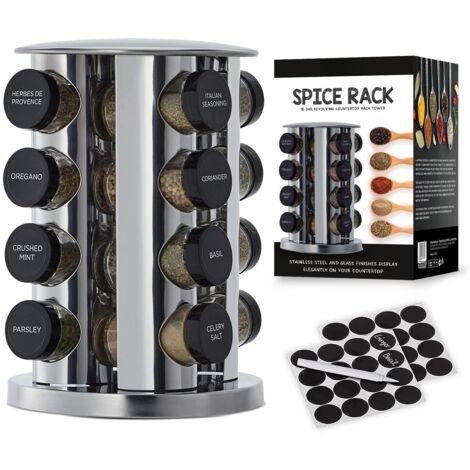 Kitchen Spice Storage Carousel 16 Glass Jars 360° Rotation Airtight Lids Dispensers Labels Organizer (1/5)