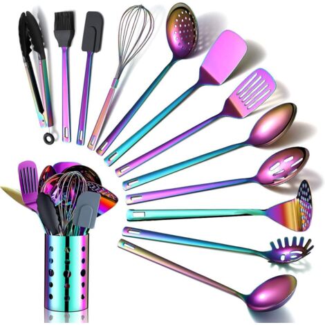 13 Piece Rainbow Kitchen Utensil Set Stainless Steel Titanium With Holder (1/5)