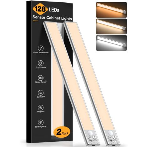 Rechargeable Motion Sensor LED Cabinet Lights 3 Colors 5 Brightness 4 Modes 2 Pack
