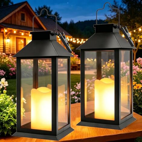 2 Pack Solar Lanterns Flickering Candle Outdoor Waterproof Hanging Table Lamp