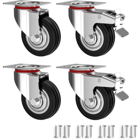 Set Of 4 75Mm Swivel Castors w/Brakes 50Kg Per Wheel Heavy Load Rubber Indoor Outdoor Industrial (1/5)