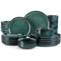24 Piece Stoneware Dinnerware Set For 6 Green Reactive Glazed Durable Microwave Oven Dishwasher Safe
