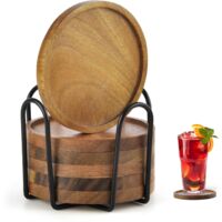 Set Of 6 Round Wood Coasters With Stand For Drinks Candles Home Bar