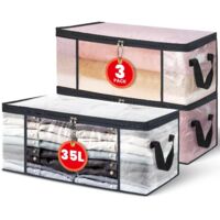 Set Of 3 Transparent Clothes Storage Bags 35L Under Bed Wardrobe Foldable With Zip Handles