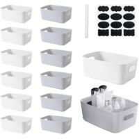 14 Plastic Storage Baskets Stackable Handle with Labels for Bathroom Kitchen Office