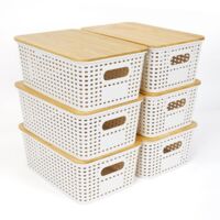 Set Of 6 Stackable Storage Boxes With Lids Plastic Bamboo Premium Versatile