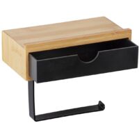 A bamboo toilet paper holder with storage space, no drilling required.