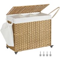 3 Compartments Laundry Basket With Lid 160L Removable Inner Bag Wheels Foldable