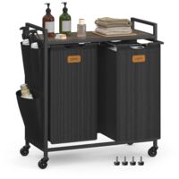 Rolling Laundry Trolley 2 Compartments 100L 6 Labels Shelves Side Pockets