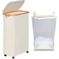 Laundry Basket On Wheels 75L Narrow With Lid Foldable Handles Removable Bag