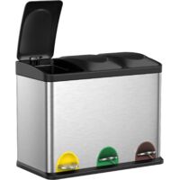 Triple Kitchen Waste Bin 45L Pedal 3x15L Compartments Color Coded Steel Lid Removable Buckets