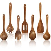 Teak Wooden Kitchen Utensil Set 7 Pieces Heat Resistant Nonstick Safe Cooking Tools