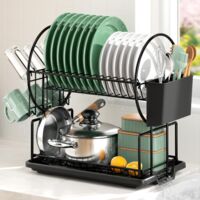 2-Tier Stainless Steel Dish Drainer with Utensil Holder Drip Tray Rustproof