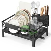 Dish Draining Rack Worktop Organizer 360° Rotating Extendable Spout Drip Tray Cutlery Holder