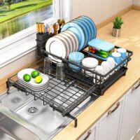 Extendable Dish Drainer with Utensil Holder Space Saving Automatic Drainage Kitchen