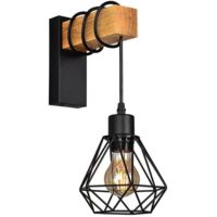 Industrial Vintage Wall Light Steel Wood E27 Wire Cage Indoor IP20