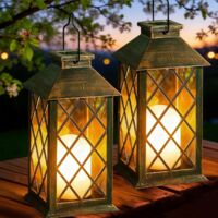 2 X Outdoor Solar Lanterns Flickering Candle IP44 Waterproof 3 Installation Modes Bronze