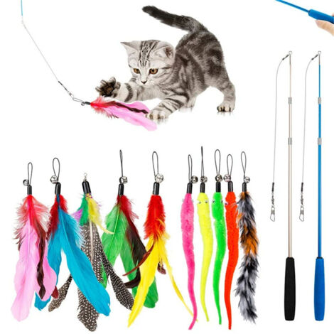 Lot de 12 jouets interactifs pour chats, canne à pêche télescopique et plumeau de rechange avec clochette, jouet à plumes pour chats d'intérieur, idéal pour chasser et jouer (1/5)
