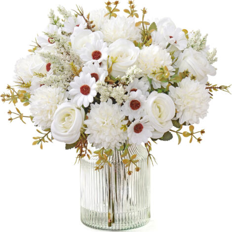 Lot de 4 bouquets de roses artificielles de 33 cm, roses en soie réalistes, pour la décoration de table, de cuisine et d'intérieur, blanc
