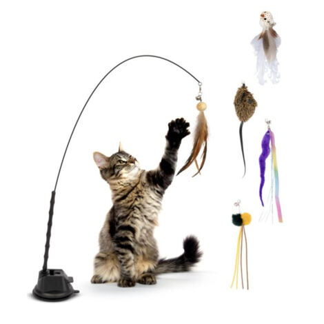 Jouet de pêche pour chat avec ventouse et plumes, ensemble de jouets pour chat, ensemble de jouets interactifs pour chat, canne à pêche pour chat
