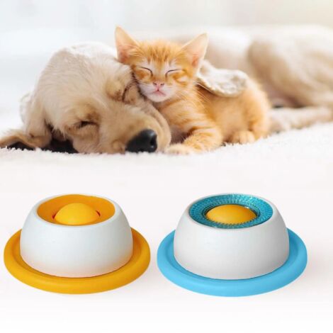 Set of 2 Slow Feeder Licking Bowls for Cats & Dogs - Yellow and Blue Anti-stress Bowl with Rotating Ball to Prevent Fast Eating and Boredom (1/5)