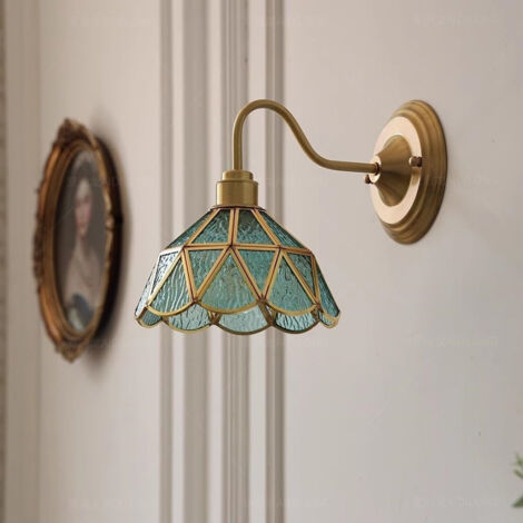 Abat-jour vintage en laiton, applique murale avec abat-jour en verre teinté, abat-jour, pour chambre à coucher, salon, bleu