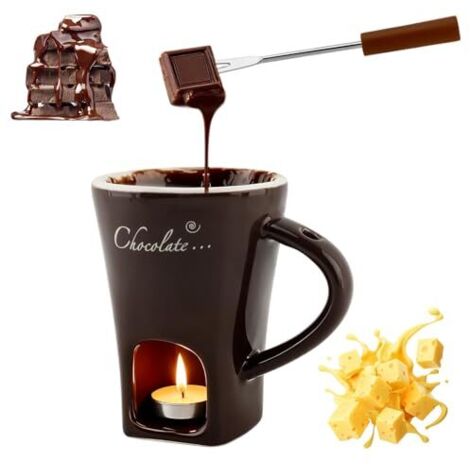 Tasse à fondue au chocolat, tasse à fondue au chocolat, tasse à fondue au fromage, tasse à fondue sucrée en céramique avec fourchette, adaptée au fromage et aux bonbons (marron)
