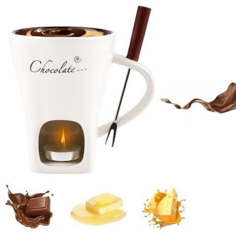 Tasse à fondue au chocolat, tasse à fondue au chocolat, tasse à fondue au fromage, tasse à fondue sucrée en céramique avec fourchette, adaptée au fromage et aux bonbons (blanc) (1/4)